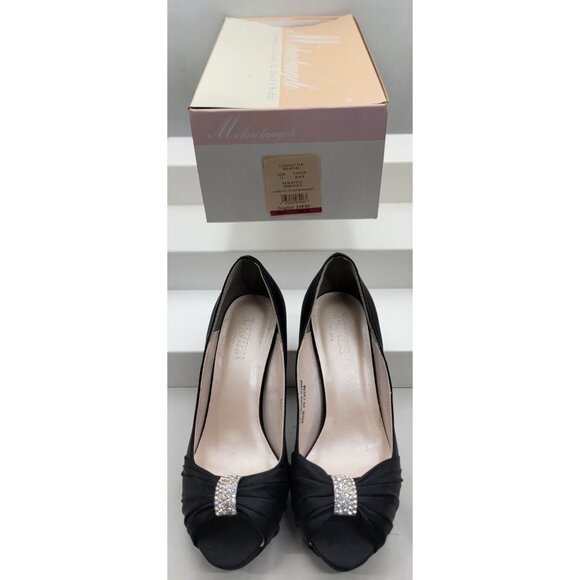 Davids Bridal Black Satin Peep Toe Heels With Rhinestone Accent Size 7.5 - Picture 5 of 12